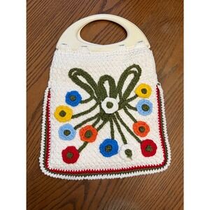 Vintage Handmade Crochet Floral Handbag White Boho Knit Tote Plastic Handle